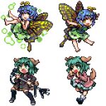  2girls animal_ears antennae aqua_hair barefoot black_dress black_footwear butterfly_wings danmaku dog_ears dog_tail dress eternity_larva eyebrows_visible_through_hair fairy green_dress green_eyes green_hair hair_between_eyes holding holding_microphone_stand kanatamikado kasodani_kyouko leaf leaf_on_head long_sleeves lowres microphone microphone_stand multicolored_clothes multicolored_dress multiple_girls multiple_views one_eye_closed open_mouth pink_dress pixel_art short_hair short_sleeves single_strap smile tail touhou transparent_background wings yellow_eyes 