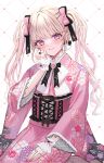  1girl :3 anoa bangs black_bow blonde_hair blush bow closed_mouth commentary_request eyebrows_visible_through_hair floral_print hair_bow hair_ornament heart heart_background highres japanese_clothes jewelry kimono lace-trimmed_sleeves lace_trim long_sleeves obi original pink_bow pink_eyes pink_kimono print_kimono ring sash smile solo twintails white_background white_bow wide_sleeves 