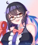  1girl absurdres artist_name black_hair bow bowtie breasts glasses highres houjuu_nue large_breasts meganekai15 open_mouth pointy_ears red_bow red_bowtie red_eyes semi-rimless_eyewear touhou 