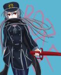  1girl absurdres bangs black_cape black_headwear black_jacket black_scarf blush boots cape cavuun closed_mouth crossed_legs duel_monster eyebrows_visible_through_hair glowing grey_hair hair_between_eyes hat highres jacket long_hair looking_at_viewer low_twintails peaked_cap pelt red_eyes scarf silver_hair sky_striker_ace_-_roze solo twintails two-tone_background two-tone_dress upper_body white_background yu-gi-oh! yuu-gi-ou 