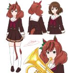  2girls absurdres animal_ears brown_eyes brown_hair brown_serafuku brown_skirt commentary_request ear_bow ear_covers euphonium full_body hibike!_euphonium highres horse_ears horse_girl horse_tail instrument kitauji_high_school_uniform loafers look-alike looking_at_viewer medium_hair multicolored_hair multiple_girls neckerchief nice_nature_(umamusume) noruren oumae_kumiko pink_neckerchief redhead sailor_collar sailor_shirt school_uniform shirt shoes short_hair skirt standing streaked_hair tail thigh-highs umamusume white_legwear white_sailor_collar 