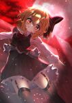  1girl :q absurdres ascot black_dress blonde_hair collared_shirt dfra dress garter_straps hair_ribbon highres outstretched_arms red_ascot red_eyes red_ribbon red_sky ribbon rumia shirt short_hair sky solo spread_arms thigh-highs tongue tongue_out touhou white_shirt 