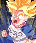  1boy aura blonde_hair capsule_corp clenched_hands crying crying_with_eyes_open dragon_ball dragon_ball_z green_eyes highres long_sleeves male_focus multicolored_shirt open_mouth pants rom_(20) shirt solo super_saiyan super_saiyan_1 tears trunks_(dragon_ball) trunks_(future)_(dragon_ball) 