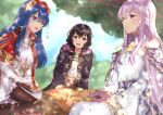  3girls absurdres bare_shoulders basket black_hair blue_eyes blue_hair blurry blurry_background book circlet collarbone commission depth_of_field dress elbow_gloves fire_emblem fire_emblem:_genealogy_of_the_holy_war fire_emblem:_the_binding_blade fire_emblem_heroes gloves highres julia_(fire_emblem) light_purple_hair lilina_(fire_emblem) long_hair long_sleeves looking_away morgan_(fire_emblem) morgan_(fire_emblem)_(female) multiple_girls nei_(aduma1120ponpon) open_book outdoors picnic picnic_basket robe skeb_commission tree violet_eyes white_gloves 