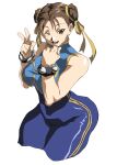  1girl ahoge bare_shoulders blue_bodysuit blue_unitard blush bodysuit bracelet brown_eyes brown_hair chun-li curvy double_bun hair_bun hair_ornament hair_ribbon hand_up highres jewelry looking_at_viewer muscular muscular_female one_eye_closed open_mouth ribbon shino_(2919) short_hair skin_tight sleeveless street_fighter street_fighter_zero_(series) studded_bracelet thick_thighs thighs unitard v 