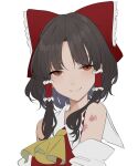  1girl ascot bangs bare_shoulders bow brown_eyes closed_mouth collar collared_dress detached_sleeves dress eyebrows_visible_through_hair eyes_visible_through_hair frills grey_hair hair_ornament hair_tubes hakurei_reimu highres hillly_(maiwetea) long_sleeves looking_to_the_side red_bow red_dress short_hair simple_background smile solo touhou upper_body white_background wide_sleeves yellow_ascot 