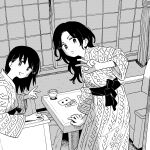  2girls card chair closed_mouth cup highres japanese_clothes kimono long_hair long_sleeves looking_at_viewer mole mole_under_eye muji_(uimss) multiple_girls obi open_mouth original playing_card print_kimono ryokan sash smile table teacup v yukata 