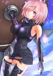  1girl armor bare_shoulders black_armor black_gloves breastplate closed_mouth clouds cloudy_sky commentary_request elbow_gloves eyebrows_visible_through_hair eyes_visible_through_hair fate/grand_order fate_(series) gloves grass hair_over_one_eye highres holding holding_shield holding_weapon kakei_(pixiv51717989) light_purple_hair looking_at_viewer mash_kyrielight mountain out_of_frame outdoors pov purple_eyes purple_gloves shield shielder_(fate/grand_order) short_hair two-tone_gloves weapon 