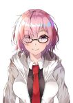  1girl absurdres atora eyebrows_visible_through_hair eyes_visible_through_hair fate/grand_order fate_(series) hair_between_eyes hair_over_one_eye highres hood hood_down hooded_jacket jacket looking_at_viewer mash_kyrielight necktie open_clothes open_jacket pink_hair purple_eyes red_neckwear shiny shiny_hair short_hair simple_background smile solo upper_body white_background 