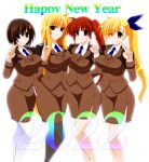  2022 4girls bikini blonde_hair blue_eyes breasts brown_hair engo_(aquawatery) fate_testarossa feet_out_of_frame hair_ornament happy_new_year highres large_breasts long_hair lyrical_nanoha medium_breasts navel new_year red_eyes short_hair takamachi_nanoha vivio x_hair_ornament yagami_hayate 