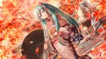  1girl :d autumn_leaves bangs blush cowboy_shot daidou_(demitasse) dot_nose dutch_angle floral_print flower foot_out_of_frame green_eyes green_hair hair_between_eyes hair_flower hair_ornament hair_tassel hatsune_miku highres holding holding_umbrella japanese_clothes kimono leaf long_hair long_sleeves looking_at_viewer maple_leaf obi oil-paper_umbrella open_mouth outdoors red_ribbon ribbon sash sidelocks smile solo standing temple twintails umbrella very_long_hair vocaloid wide_sleeves 