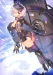  1girl armor bare_shoulders black_armor black_gloves breastplate closed_mouth clouds cloudy_sky commentary_request elbow_gloves eyebrows_visible_through_hair eyes_visible_through_hair fate/grand_order fate_(series) gloves grass hair_over_one_eye highres holding holding_shield holding_weapon light_purple_hair looking_at_viewer mash_kyrielight mountain out_of_frame outdoors pov purple_gloves shield shielder_(fate/grand_order) short_hair teddypocky two-tone_gloves violet_eyes weapon 