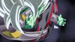  1boy colored_skin dragon_ball dragon_ball_heroes dragon_ball_super earrings evil_grin evil_smile eyepatch from_above fused_zamasu green_skin grey_hair grin jewelry looking_up male_focus one_eye_covered pointy_ears potara_earrings rom_(20) smile solo spiky_hair torn_clothes 