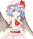  1girl bangs bat_wings blue_hair closed_mouth cowboy_shot eyebrows_visible_through_hair hand_on_own_chin hat hat_ribbon looking_at_viewer mob_cap pink_headwear pink_shirt puffy_short_sleeves puffy_sleeves red_eyes red_ribbon remilia_scarlet ribbon sasaki_sakiko shirt short_hair short_sleeves smile solo standing touhou wings 