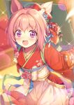  1girl :d ahoge animal_ears blurry blurry_background cherry_blossoms commentary cowboy_shot ear_bow eyebrows_visible_through_hair floral_print flower flower_in_eye hair_intakes hair_ornament haru_urara_(umamusume) horse_ears horse_girl japanese_clothes kimono long_hair looking_at_viewer obi open_mouth pink_eyes pink_hair red_kimono sash smile solo sparkle symbol_in_eye takase_kou umamusume wide_sleeves 