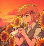  1boy basil_(omori) blonde_hair blue_eyes brown_vest camera closed_mouth collared_shirt english_commentary field flower flower_field from_side hair_flower hair_ornament highres holding holding_camera jeanty_art leaf omori orange_sky outdoors pink_flower shirt short_sleeves sky solo sunflower sunset upper_body vest white_shirt yellow_flower 