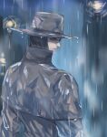  1boy battle_tendency black_coat capelet cityscape coat hat head_scarf jojo_no_kimyou_na_bouken kars_(jojo) male_focus night rain solo yepnean 