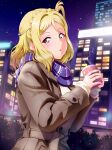  1girl absurdres blonde_hair blush braid coat cowboy_shot crown_braid from_side hair_rings highres looking_at_viewer love_live! love_live!_sunshine!! medium_hair night ohara_mari parted_lips scarf smile solo star_(sky) steam striped striped_scarf tsumikiy winter winter_clothes yellow_eyes 