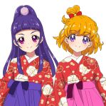  2girls asahina_mirai bangs blue_hair blunt_bangs closed_mouth commentary eyebrows_visible_through_hair floral_print hair_ornament hair_ribbon hakama highres izayoi_liko japanese_clothes kimono kousuke0912 long_hair looking_at_viewer mahou_girls_precure! messy_hair multiple_girls one_side_up orange_hair pink_eyes pink_hakama precure print_kimono purple_hakama red_kimono red_ribbon ribbon short_hair simple_background smile standing straight_hair violet_eyes white_background 