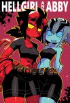 2girls abraham_sapien absurdres belt belt_pouch bike_shorts black_hair blue_eyes blue_skin blush_stickers character_name closed_mouth colored_skin english_commentary fins genderswap genderswap_(mtf) hellboy hellboy_(comic) highres horns jaggy_line looking_at_viewer medium_hair midriff monster_girl multiple_girls ponytail pouch rariatto_(ganguri) red_background red_skin smile standing tail toned yellow_eyes 