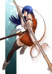  1girl :o action ass attack bangs black_legwear blue_eyes blue_hair caeda_(fire_emblem) dress fire_emblem fire_emblem:_mystery_of_the_emblem fire_emblem_heroes highres holding holding_weapon incoming_attack long_hair looking_at_viewer looking_back motion_blur nanbu_yasumi open_mouth pegasus_knight_uniform_(fire_emblem) polearm sheath sheathed short_dress side_slit signature solo spear speed_lines sword thigh-highs weapon zettai_ryouiki 