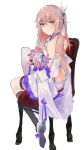  1girl absurdres back bangs bouquet chair closed_mouth dress expressionless eyebrows_visible_through_hair flower girls_frontline hair_ornament highres holding holding_bouquet holding_flower long_hair looking_at_viewer looking_to_the_side pink_hair reraise shoes side_ponytail sitting socks solo st_ar-15_(girls&#039;_frontline) st_ar-15_(top_hat_drifting_to_the_flowers)_(girls&#039;_frontline) violet_eyes white_background white_dress white_footwear 