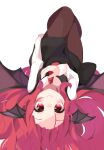  1girl absurdres bangs bangs_pinned_back bat_wings black_skirt black_vest blurry blush breasts brown_legwear closed_mouth depth_of_field face hair_spread_out hand_on_own_chest head_wings highres iroha_(pcrx7327) knees_up koakuma long_sleeves looking_at_viewer lying necktie on_back pantyhose red_eyes red_necktie redhead simple_background skirt small_breasts smile solo touhou upside-down vest white_background wings 