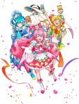  3girls :d ankle_bow apron arm_up artist_request back_bow blonde_hair blue_bow blue_eyes blue_gloves blue_hair boots bow brooch bun_cover choker closed_mouth confetti cure_precious cure_spicy cure_yum-yum delicious_party_precure double_bun drill_hair flower fuwa_kokone gloves grey_hair hair_bow hair_cones hair_flower hair_ornament hair_rings hanamichi_ran hand_on_hip hat highres holding holding_wand huge_bow jewelry knee_boots kneehighs kome-kome_(precure) legs_apart long_hair looking_at_viewer magical_girl mask men-men_(precure) multicolored_clothes multicolored_skirt multiple_girls nagomi_yui official_art open_mouth outstretched_hand pamu-pamu_(precure) pink_bow pink_choker pink_hair precure purple_bow red_eyes red_legwear ribbon rosemary_(precure) shiny shiny_hair skirt smile standing striped twin_drills vertical_stripes violet_eyes wand white_apron white_footwear white_gloves white_headwear 