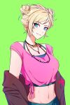  1girl bangs blonde_hair blue_eyes blue_pants blue_shirt closed_mouth csilj63cw8irumy double_bun green_background highres jacket jewelry looking_at_viewer navel necklace original pants pink_shirt red_jacket shirt short_sleeves simple_background smile solo 