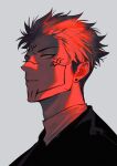  1boy ear_piercing expressionless extra_eyes facial_mark from_side grey_background highres japanese_clothes jujutsu_kaisen looking_ahead male_focus monochrome piercing profile red_eyes ryoumen_sukuna_(jujutsu_kaisen) shark2049 short_hair simple_background solo spiky_hair undercut 