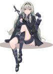  1girl absurdres an-94 an-94_(girls&#039;_frontline) aqua_eyes arm_up assault_rifle bangs black_footwear black_gloves black_hairband blonde_hair blush boots cloak closed_mouth eyebrows_visible_through_hair full_body girls_frontline gloves gun hairband highres holding holding_gun holding_weapon long_hair looking_at_viewer reraise rifle sitting smile solo tactical_clothes weapon white_background 