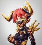  1girl black_bodysuit bodysuit breasts eyebrows_visible_through_hair gold_trim green_eyes grey_background highres horns impossible_bodysuit impossible_clothes looking_at_viewer mask medium_breasts original redhead respirator shiny shiny_clothes short_hair solo yumikoyama49 