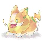  animal_focus commentary_request dog fangs green_eyes highres kotone11152 no_humans open_mouth pokemon pokemon_(creature) solo sparkle toes tongue tongue_out twitter_username white_background yamper 