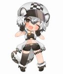  1girl ;d absurdres animal_ear_fluff animal_ears arknights asymmetrical_legwear bangs bare_shoulders black_footwear black_gloves black_legwear black_shorts blush brown_eyes cabbie_hat checkered_clothes checkered_headwear chibi cliffheart_(arknights) crop_top double_v eyebrows_visible_through_hair fang full_body fur-trimmed_gloves fur_trim gloves grey_background grey_hair hair_between_eyes hands_up hat highres jacket leopard_ears leopard_girl leopard_tail multicolored_hair navel one_eye_closed open_clothes open_jacket shoes short_shorts shorts simple_background single_sock single_thighhigh sleeveless sleeveless_jacket smile socks solo standing streaked_hair tail takumi_mizuki thigh-highs v v-shaped_eyebrows white_headwear white_legwear 