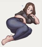  1girl absurdres barefoot black_shirt blue_eyes blue_nails blue_pants brown_hair collared_shirt heart highres lentiyay medium_hair mole mole_under_eye one_eye_closed pants samsung samsung_sam shirt smile solo 