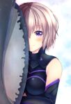  1girl armor bare_shoulders black_armor black_gloves breastplate closed_mouth clouds cloudy_sky commentary_request elbow_gloves eyebrows_visible_through_hair eyes_visible_through_hair fate/grand_order fate_(series) gloves grass hair_over_one_eye highres holding holding_shield holding_weapon light_purple_hair looking_at_viewer mash_kyrielight mountain mri_(mirai) out_of_frame outdoors pov purple_gloves shield shielder_(fate/grand_order) short_hair two-tone_gloves violet_eyes weapon 