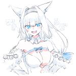  1girl animal_ears blue_eyes blue_ribbon bow breasts citron80citron dobrynya_nikitich_(fate) fang fate/grand_order fate_(series) hair_intakes hands_on_hips long_hair ribbon white_background white_hair 