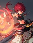  1boy arm_tattoo character_request commentary elsword jewelry looking_at_viewer magic midriff_peek navel necklace ohil_(ohil822) outstretched_arms red_eyes redhead simple_background smile solo tattoo wrist_cuffs 