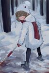 1girl absurdres beanie blood blood_on_face blush boots brown_hair coat forest full_body gloves hat highres hooded_coat inchore looking_at_viewer nature original outdoors red_scarf scarf short_hair shovel smile snow solo white_coat winter_clothes yellow_eyes 