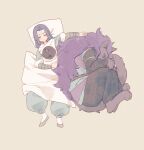  3boys black_cat black_hair black_pants blanket blush cat closed_eyes fengxi_(the_legend_of_luoxiaohei) from_above furry highres long_hair long_sleeves luoxiaohei miya_(ete) multiple_boys no_nose pants pillow purple_hair simple_background sleeping tan_background the_legend_of_luo_xiaohei wuxian_(the_legend_of_luoxiaohei) 