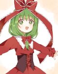  1girl :d bow corset dress front_ponytail green_eyes green_hair hair_bow happy kagiyama_hina long_hair long_sleeves looking_at_viewer outstretched_arms red_dress sasaki_sakiko simple_background smile solo touhou upper_body white_background 
