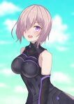  1girl armor bare_shoulders black_armor black_gloves breastplate closed_mouth clouds cloudy_sky commentary_request elbow_gloves eyebrows_visible_through_hair eyes_visible_through_hair fate/grand_order fate_(series) gloves grass hair_over_one_eye highres holding holding_shield holding_weapon light_purple_hair looking_at_viewer mash_kyrielight mountain out_of_frame outdoors pov purple_eyes purple_gloves shield shielder_(fate/grand_order) short_hair two-tone_gloves weapon yuxufu7 