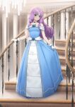  1girl bare_shoulders blue_dress blue_eyes blue_flower chandelier dhokidoki dress fire_emblem fire_emblem:_the_blazing_blade florina_(fire_emblem) flower gloves gown highres looking_at_viewer purple_hair smile stairs white_gloves 