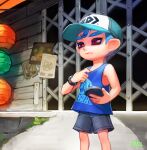  1boy bare_arms blue_hair blue_tank_top child commentary english_commentary hat lantern morning ohil_(ohil822) outdoors shorts splatoon_(series) splatoon_2 sweat tank_top teeth 