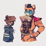  2boys animal_ears aqua_nails bear_boy bear_ears black_bow black_bowtie bow bowtie bracelet creg_(kiibbl) cropped_legs five_nights_at_freddy&#039;s freddy_fazbear from_side glamrock_freddy hands_on_hips hat jewelry machinery male_focus mini_hat multiple_boys pointing pointing_at_self raised_eyebrow robot spiked_bracelet spikes thick_eyebrows top_hat 