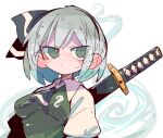 1girl bangs black_hairband breasts closed_mouth collared_shirt ghost green_eyes green_hair grey_hair hairband konpaku_youmu konpaku_youmu_(ghost) looking_at_viewer massakasama sheath sheathed shirt short_hair simple_background solo sword sword_behind_back touhou v-shaped_eyebrows weapon white_background 