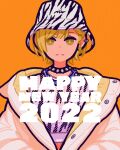  1girl 2022 animal_print blonde_hair brown_eyes collar earrings halftone happy_new_year highres jewelry looking_at_viewer new_year orange_background original print_headwear short_hair simple_background solo spiked_collar spikes tiger_print yoshi_mi_yoshi 
