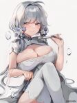  1girl absurdres ahoge artist_name azur_lane bangs blue_eyes breasts china_dress chinese_clothes cleavage_cutout clothing_cutout commentary crossed_legs dolechan dress eyebrows_visible_through_hair feet_out_of_frame flower grey_background grey_hair grey_legwear grey_nails grin hair_flower hair_intakes hair_ornament highres holding illustrious_(azur_lane) illustrious_(maiden_lily&#039;s_radiance)_(azur_lane) large_breasts light_blush long_hair looking_at_viewer official_alternate_costume seductive_smile short_sleeves sidelocks simple_background sitting smile solo swept_bangs teeth thigh-highs water_drop 