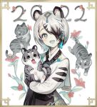  1girl 2022 :d absurdres animal animal_ear_fluff animal_ears bangs bell black_hair blush braid chinese_zodiac commentary_request fang grey_eyes hair_bell hair_ornament hair_over_one_eye highres holding holding_animal jingle_bell lion_ears long_sleeves looking_at_viewer multicolored_hair original short_hair signature silver_hair skin_fang smile solo soyoong_jun streaked_hair tassel tiger upper_body white_background year_of_the_tiger 