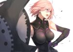  1girl armor bare_shoulders black_armor black_gloves breastplate chaccco3 closed_mouth clouds cloudy_sky commentary_request elbow_gloves eyebrows_visible_through_hair eyes_visible_through_hair fate/grand_order fate_(series) gloves grass hair_over_one_eye highres holding holding_shield holding_weapon light_purple_hair looking_at_viewer mash_kyrielight mountain out_of_frame outdoors pov purple_eyes purple_gloves shield shielder_(fate/grand_order) short_hair two-tone_gloves weapon 